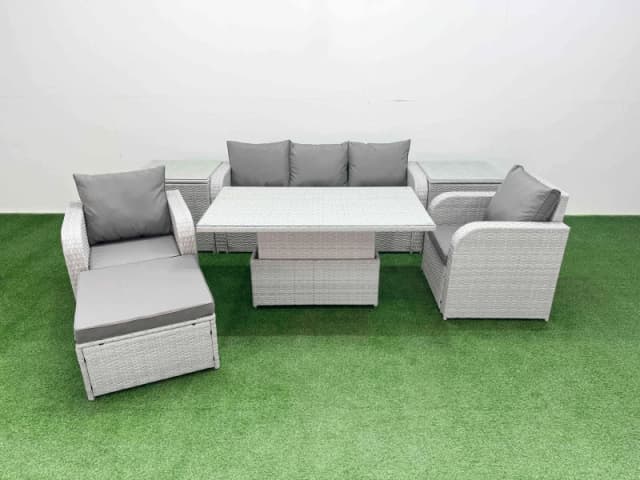Fimous PE Rattan Garden Furniture Set Reclining Chair Sofa Lounge Sofa Set Adjustable Lifting Dining or Coffee Table 2 Side Table Big Footstool Light