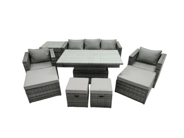 Fimous Rattan Lounge Sofa Rising Dining Table Set & Side Table 4 Footstool in Dark Grey Dark Grey Unisex