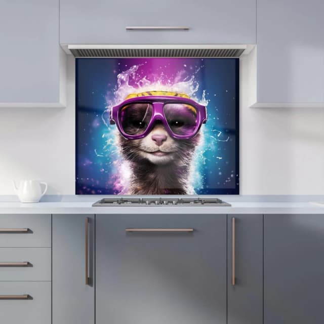 Warren Reed - Designer Splashart Ferret With Glasses Purple Kitchen Splashback Size: 600mm x 750mm Purple Unisex 600mm x 750mm