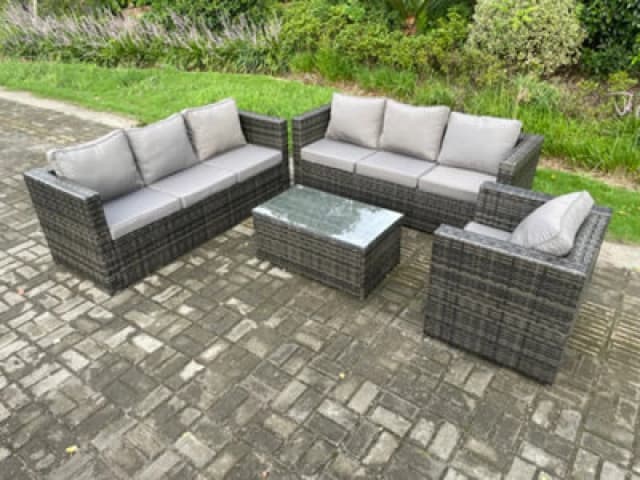 Fimous 7 Seater Rattan Garden Furniture Set Indoor Outdoor Patio Sofa Set with Oblong Coffee Table Armchair Dark Grey Mixed Dark Grey