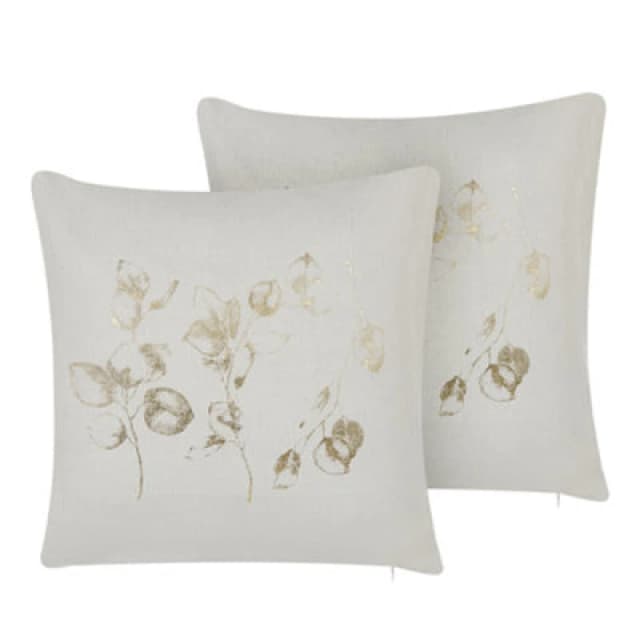 Beliani Set Of 2 Decorative Cushions Gomphrena 45 X 45cm Light Beige Plant Pattern