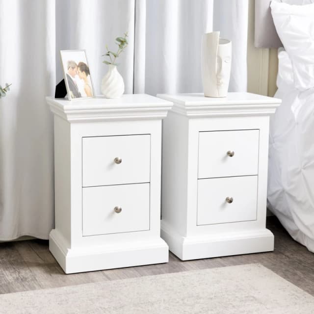 Melody Maison Pair Of White 2 Drawer Bedside Tables - Slimline Haxey White Range White