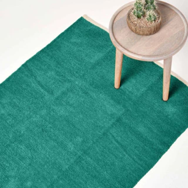 Homescapes Teal Green 100% Cotton Plain Chenille Rug With Natural Trim, 45 X 70 Cm