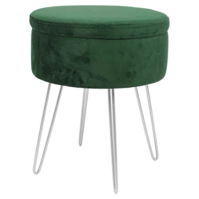 Harbour Housewares Velvet Storage Footstool - Round Modern Dressing Table Footstool Vanity Seat Chair - 45 X 36Cm - Green/silver