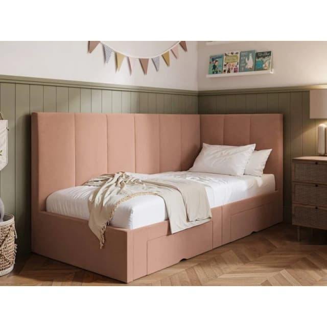 Flair Harley Corner Fabric Bed Frame with Storage Drawers in Pink Size: Single Pink Unisex Single