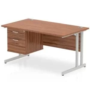 Impulse 1400 Rectangle Silver Cant Leg Desk WALNUT 1 x 2 Drawer Fixed