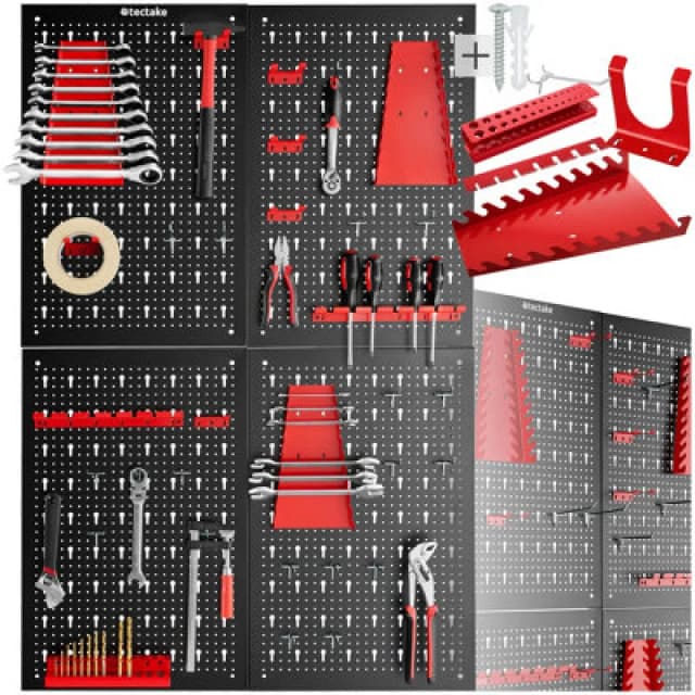 Tectake Tool Pegboard Jonah - Hooks And Holders 4-Panel - Black/red