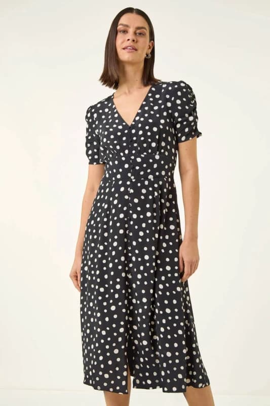 Roman Womens Polka Dot Ruched Sleeve Midi Dress in Black Size: 18 Black Female 18