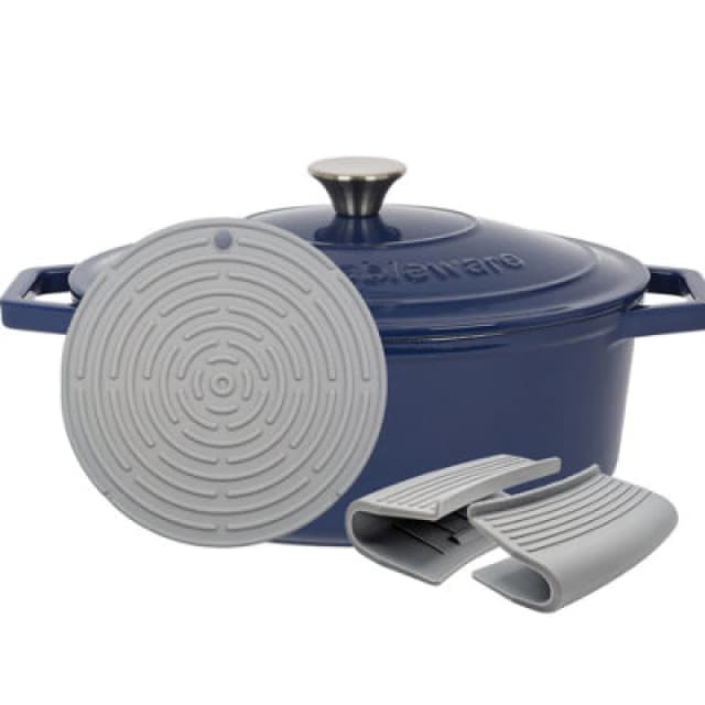 Argon Tableware Oval Cast Iron Casserole Dish - 4.68L Blue Enamel Finish, Oven Safe Dutch Oven Cookware With Lid