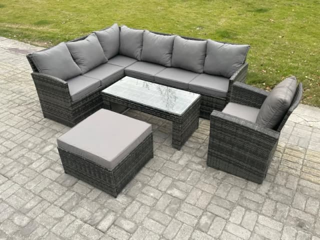 Fimous Rattan Garden Furniture Sets High Back Corner Sofa Oblong Coffee Table Set with Big Footstool Armchair Dark Grey Mixed Dark Grey Unisex