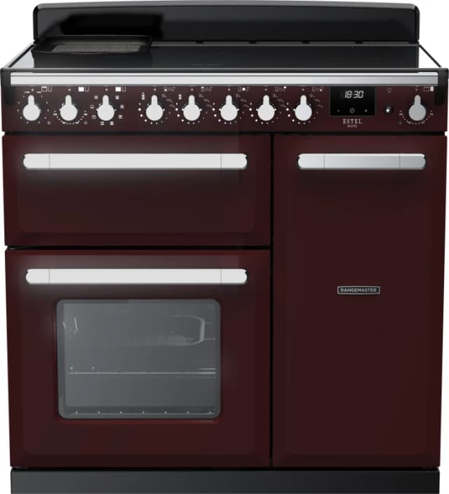 Rangemaster Estel Deluxe ESDL90EIPBOR/CM1 90cm Electric Range Cooker with Induction Hob - Bordeaux / Chrome - A/A Rated