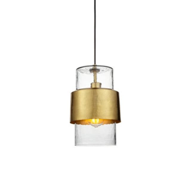 Palermo Slim Pendant Ceiling Light Hammered Brass Plate, Textured Clear Glass