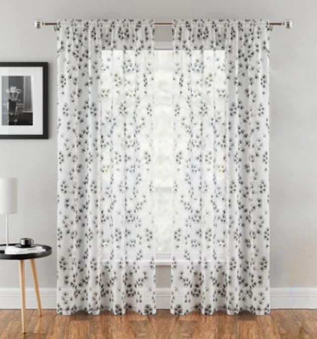 Tyrone Textiles Delila Black Leaf Print Voile Panel - Pair 140 X 183Cm (55X72")