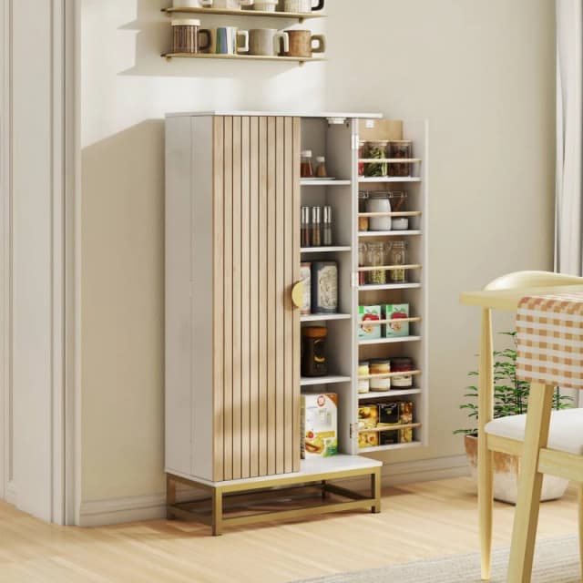 HOMCOM Kitchen Cabinet with Double Doors, 5 Tiers, 12 Spice Racks, White White Unisex