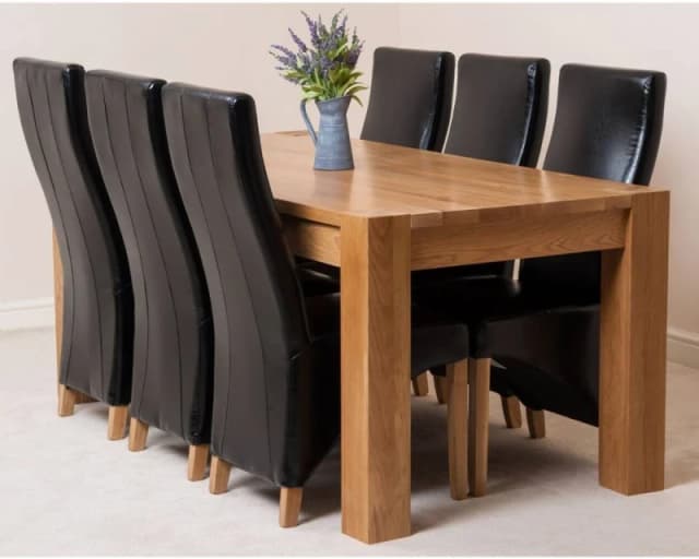 Thats Furniture Kuba 180 x 90cm Chunky Oak Dining Table & 6 Lola Leather Chairs in Black Unisex 180 x 90 cm