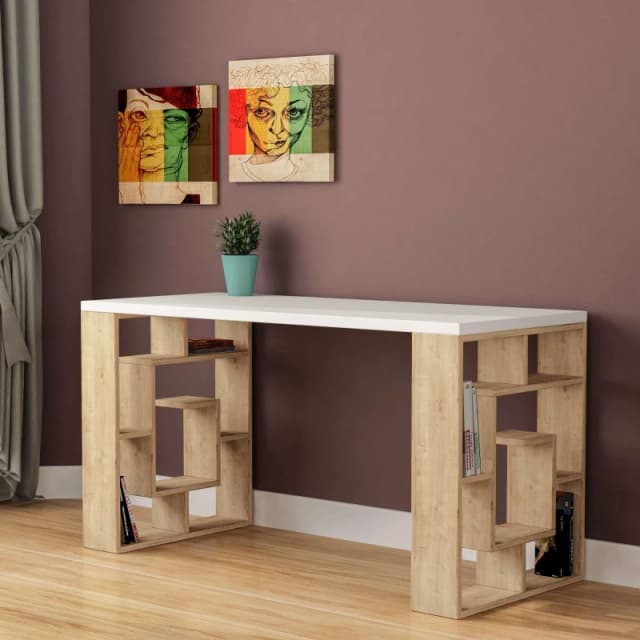 DECORTIE Decortie - Labirent Modern Desk With Bookshelf Legs - White / Oak - Oak M.MS.11181.23