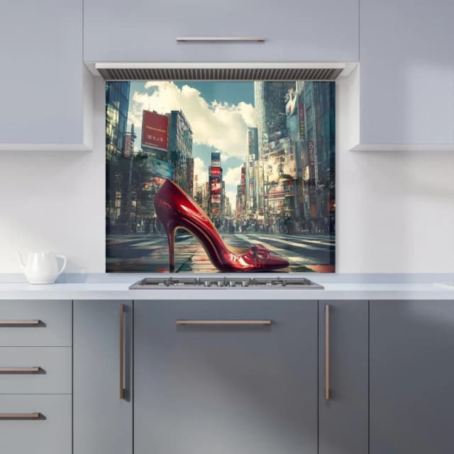 Warren Reed - Designer Red Stiletto in Urban Crosswalk Kitchen Splashback Size: 600mm x 750mm Multicolor Unisex 600mm x 750mm