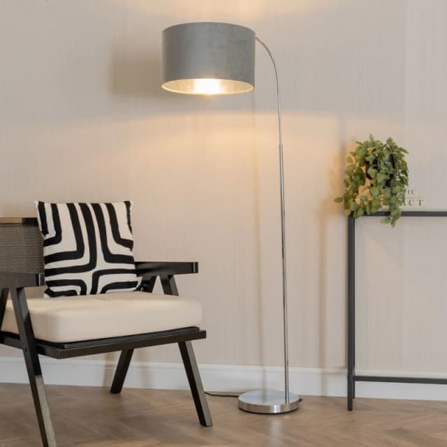 ValueLights ValueLights Curva Chrome Arched Floor Lamp with Grey Velvet and Chrome Inner Lamp Shade Grey One Size Unisex 5059406061240
