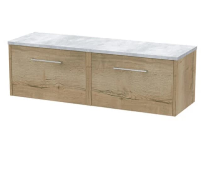 Hudson Reed Juno Wall Hung 2-Drawer Vanity Unit & Bellato Grey Worktop, Countertop Basin Unit In Autumn Oak, 1200mm