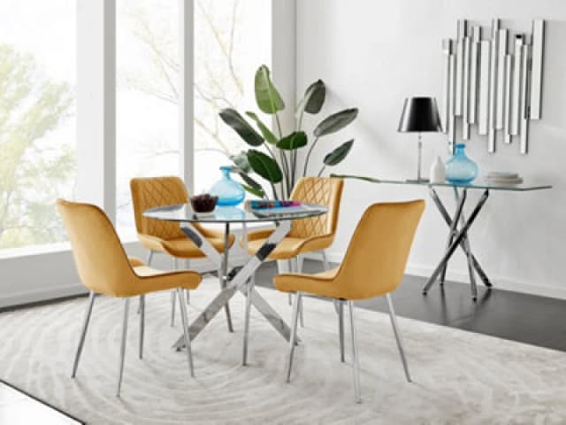 FurnitureboxUK FurnitureboxUK Novara Clear Tempered Glass 100cm Round Dining Table with Chrome Starburst Legs & 4 Pesaro Velvet Silver Leg Chairs in M