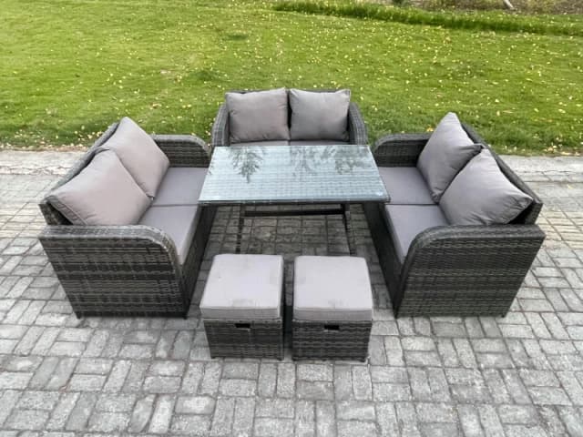 Fimous Outdoor Rattan Garden Furniture Set 8 Seater Patio Love Sofa Set with Rectangular Dining Table 2 Small Footstool Dark Grey Mixed Dark Grey