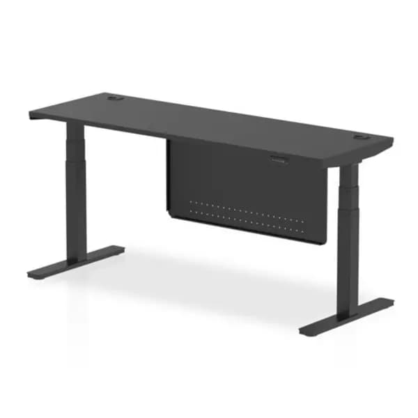 Air Black Series 1800 x 600mm Height Adjustable Desk Black Top with Cable Ports Black Leg With Black Steel Modesty Panel