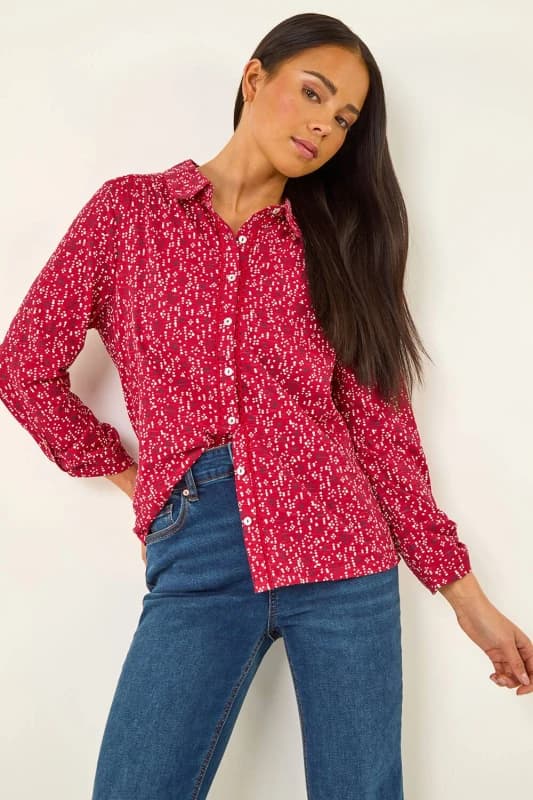 Roman Womens Petite Abstract Spot Stretch Shirt in Red Size: 14 Red Female 14