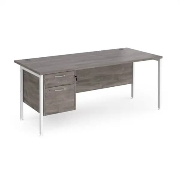 Maestro 25 straight desk 1800mm x 800mm with 2 drawer pedestal - white H-frame leg, grey oak top