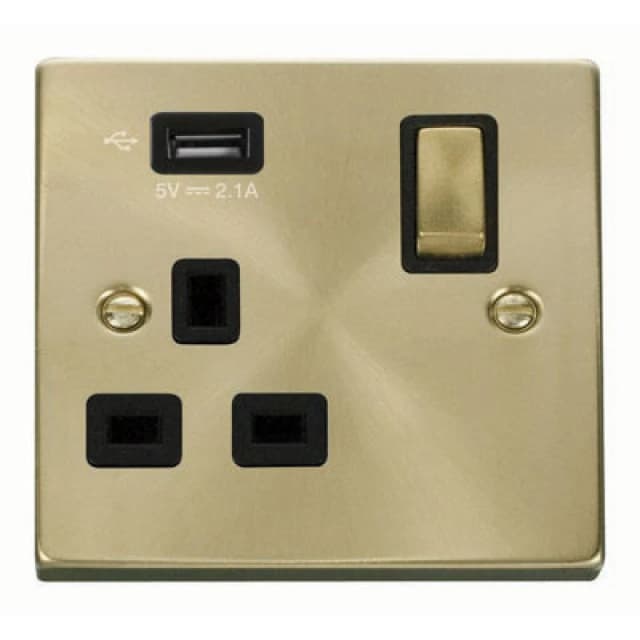 SE Home Satin / Brushed Brass 1 Gang 13A DP Ingot 1 USB Switched Plug Socket Gold