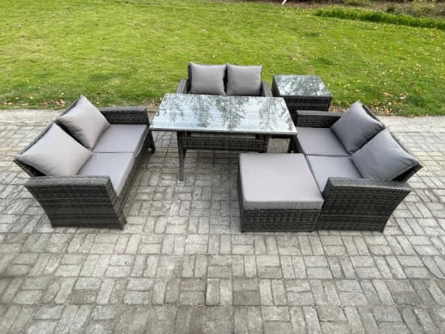 Fimous 7 Seater Rattan Wicker Garden Furniture Patio Conservatory Sofa Set Indoor Outdoor with Dining Table Big Footstool in Dark Grey Dark Grey Unise