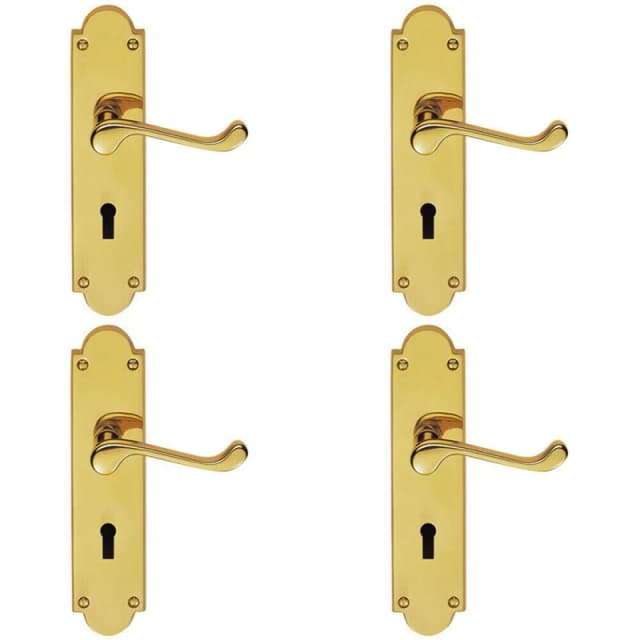 Loops 4x PAIR Victorian Scroll Handle on Lock Backplate 205 x 49mm Polished Brass Metallics