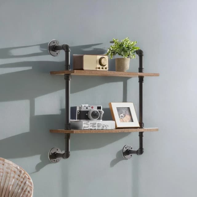 Rafaelo Mobilia Industrial Pipe Wall-Mounted 2 Tier Floating Shelves in Dark Brown Dark Brown Unisex