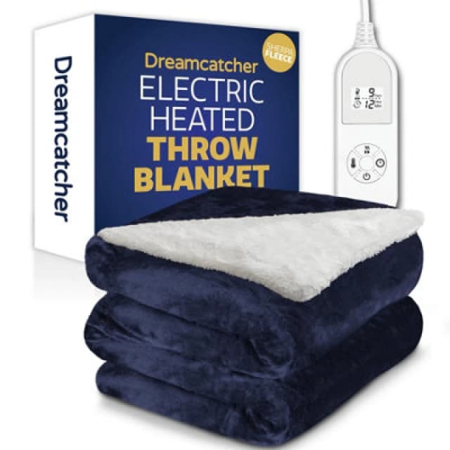 Dreamcatcher Sherpa Fleece Electric Heated Throw Over Blanket Double Polyester 160Cm X 120Cm Navy Blue