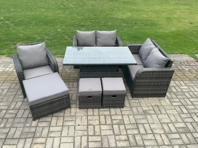 Fimous Rattan Furniture Garden Dining Set Outdoor Height Adjustable Rising lifting Table Love Sofa Chair With 3 Footstools Dark Grey