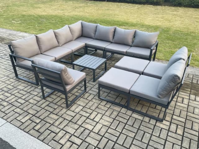 Fimous 12 Seater Outdoor Aluminium Garden Furniture Set Corner Lounge Sofa Set with Square Coffee Table 2 Big Footstools Dark Grey Dark Grey Unisex