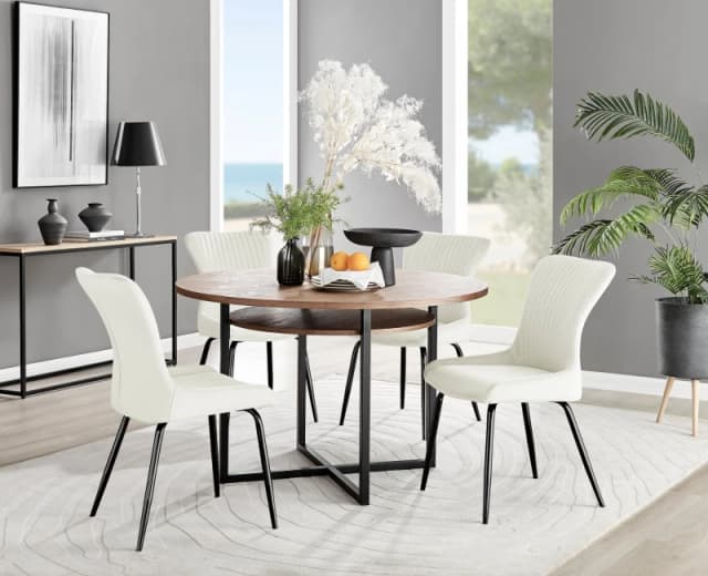 FurnitureboxUK FurnitureboxUK Adley Brown Wood Storage Dining Table & 4 Nora Black Leg Chairs in Cream Cream One Size Unisex 5056542686573