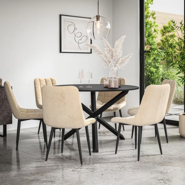 More4Homes Malvern Round Dining Table And Chairs - Black Table Top W Solid Black Oak Legs + Nova Velvet Dining Chair Set Of 6 (Beige)