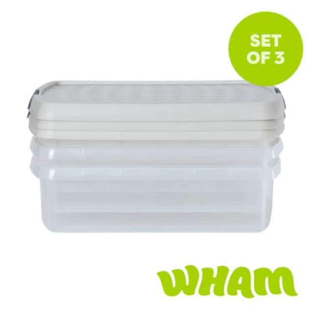 Wham Clip 3X 8.5L Rectangular Plastic Storage Boxes With Clip Lock Lids. Ideal For Home, Office, Toys & More - Clear/stone