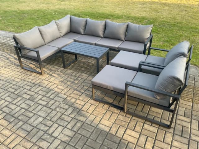 Fimous Aluminum 10 Seater Outdoor Lounge Corner Sofa Set Garden Furniture Sets with Oblong Coffee Table 2 Chairs 2 Big Footstool Dark Grey Dark Grey U