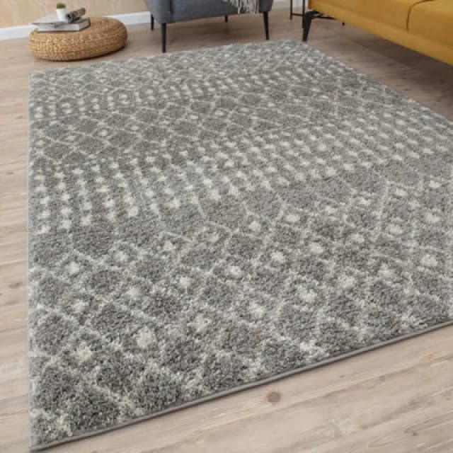 THE RUGS Soft Moroccan Diamond Shaggy Rugs & Runners Grey Ivory Living Room Size: 160cm x 230cm Grey Unisex 160cm x 230 cm