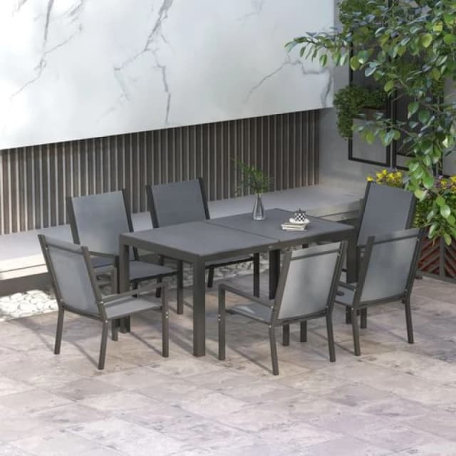 Outsunny 7 PCs Garden Dining Set, Wood-plastic Composite Table & 6 Chairs, Grey 84G-404V00LG