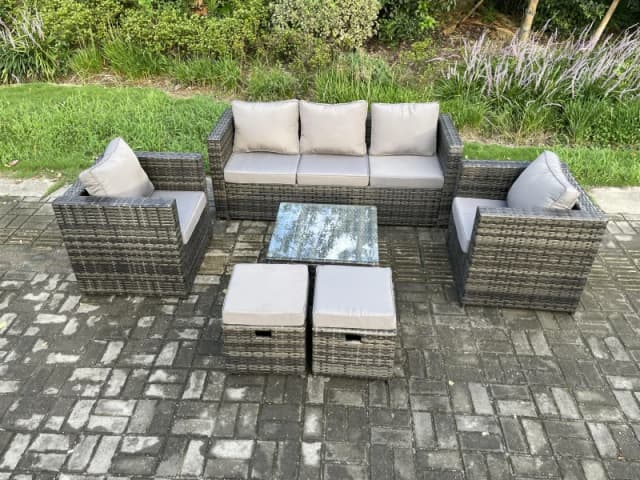 Fimous Wicker Rattan Garden Furniture Sofa Set with Armchair Square Coffee Table 2 Small Footstools Dark Grey Mixed Dark Grey