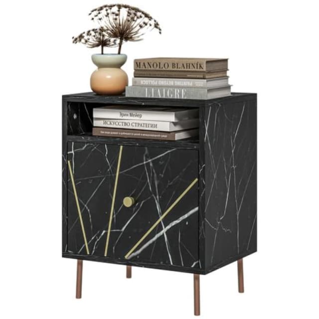 HOMCOM Modern Bedside Table with Drawer and Open Shelf Black Marble Effect 831-816V00BK