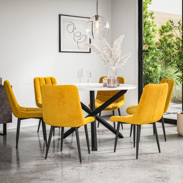 More4Homes Malvern Round Dining Table And Chairs - Marble Table Top W Solid Black Oak Legs + Nova Velvet Dining Chair Set Of 6 (Mustard)
