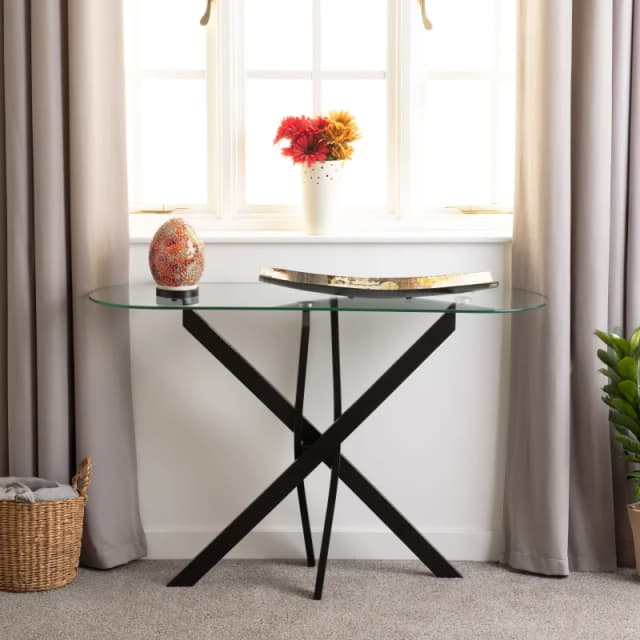 Seconique Sheldon Console Table Clear Glass Top With Stylish Black Wavy Legs
