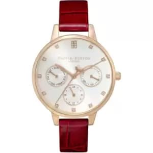 Ladies Olivia Burton Multifunction Carnation Gold and Burgundy Leather Strap Watch