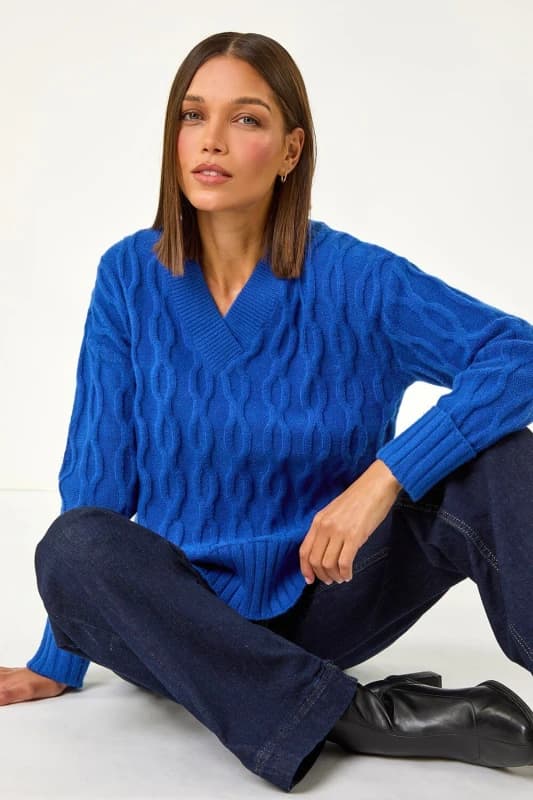 Roman Womens V-Neck Cable Knit Jumper in Royal Size: 18 Royal Female 18