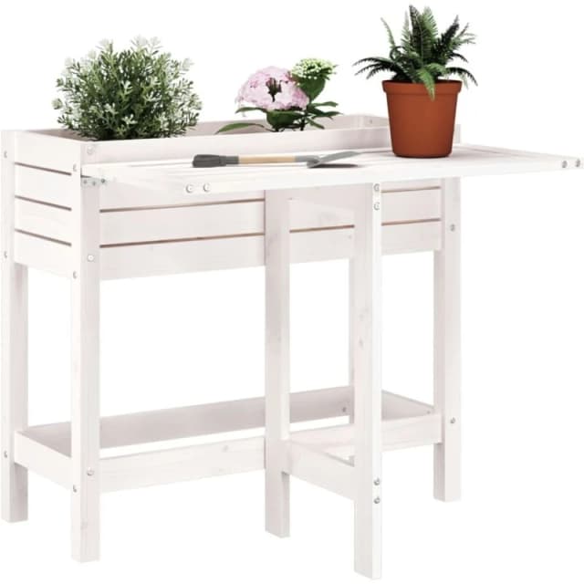 vidaXL Garden Planter w/ Folding Tabletop White Solid Wood Pine, White 825122