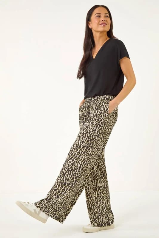 Roman Womens Petite Animal Wide Leg Trouser in Khaki Size: 18 Khaki Female 18