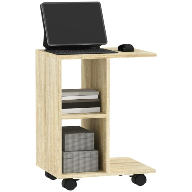 HOMCOM C-Shape End Table Storage Unit w/ 2 Shelves 4 Wheels Home - Natural wood finish TJ Hughes 5061025073931